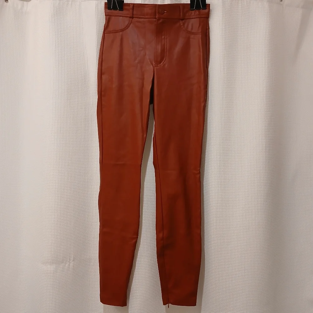 Zara High Rise Mito Ankle Zip Faux Leather Red/Maroon Leggings / Size Small